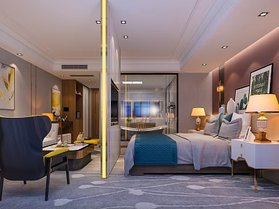 Modern Hotel Guest Room With Comfortable Bed Nightstand Table Lamp Accent Chair And Writing Desk 3d model