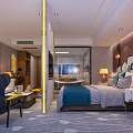 Modern Hotel Guest Room With Comfortable Bed Nightstand Table Lamp Accent Chair And Writing Desk