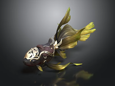 Decorative Goldfish With Black And Gold Patterns And Yellow Fins On Dark Background 3d model