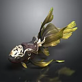 Decorative Goldfish With Black And Gold Patterns And Yellow Fins On Dark Background