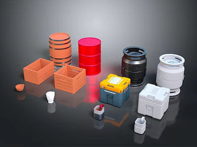 Assorted Colored Equipment Containers With Barrels Storage Boxes And Tool Cases 3d model