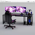 Gaming Desk Setup With Dual Monitors Gaming Chair Headphones And PC Case