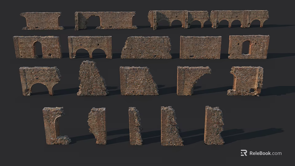 Ancient Stone Architectural Ruins Components With Arch Fragments Wall Sections And Column Remnants 3d model