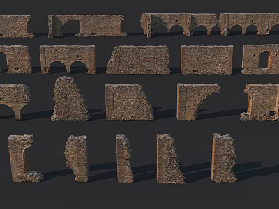 Ancient Stone Architectural Ruins Components With Arch Fragments Wall Sections And Column Remnants 3d model