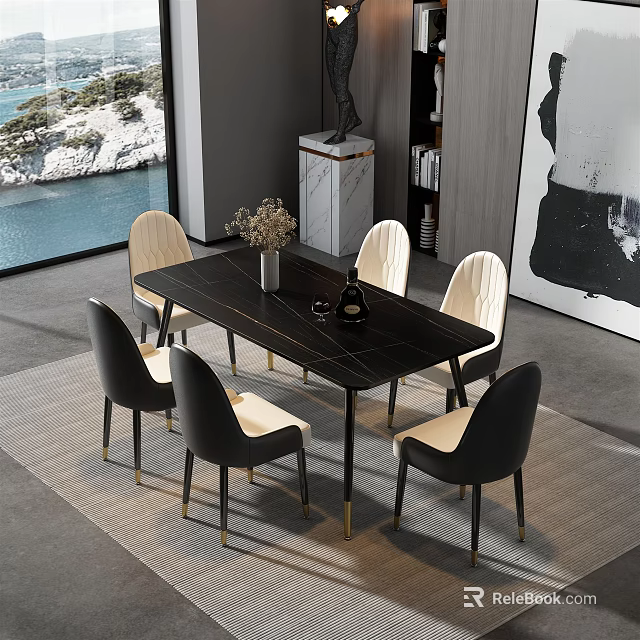 Modern Dining Table Set With Black Beige Chairs And Sea View Window 3d model 