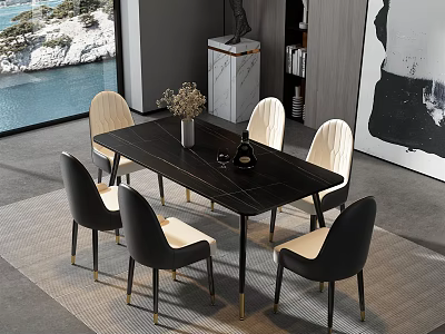Modern Dining Table Set With Black Beige Chairs And Sea View Window 3d model