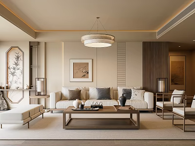Elegant Living Room Interior With Beige Sofa Wooden Coffee Table Decorative Paintings And Pendant Light 3d model