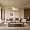 Elegant Living Room Interior With Beige Sofa Wooden Coffee Table Decorative Paintings And Pendant Light