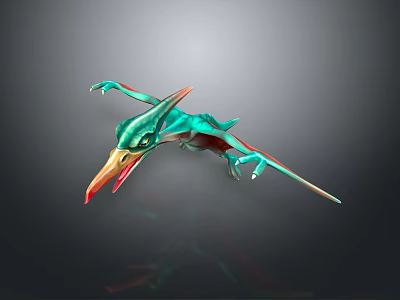 Vibrant Mythical Flying Creature Model With Turquoise Body Red Beak And Extended Wings 3d model