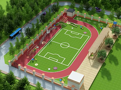 Outdoor Football Field With Red Running Track Green Lawn Playground Equipment And Trees 3d model