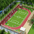 Outdoor Football Field With Red Running Track Green Lawn Playground Equipment And Trees