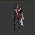 Anime Character 3D Model With Brown Hair Red Black Top Silver Pants Gloves Holding Scroll