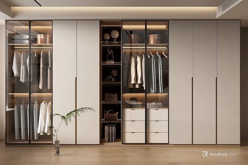 Modern Minimalist Wardrobe With Glass Doors Hanging Areas Drawers And Decorative Items 3d model 