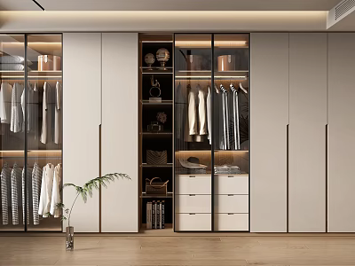 Modern Minimalist Wardrobe With Glass Doors Hanging Areas Drawers And Decorative Items 3d model