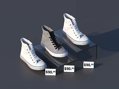Stylish High-top Shoes in White and Gray on Transparent Display Stand with Price Tags 3d model