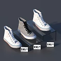 Stylish High-top Shoes in White and Gray on Transparent Display Stand with Price Tags