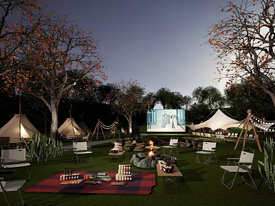 Cozy Camping Campsite With Tents Bonfire Outdoor Screen And Picnic Setup At Night 3d model