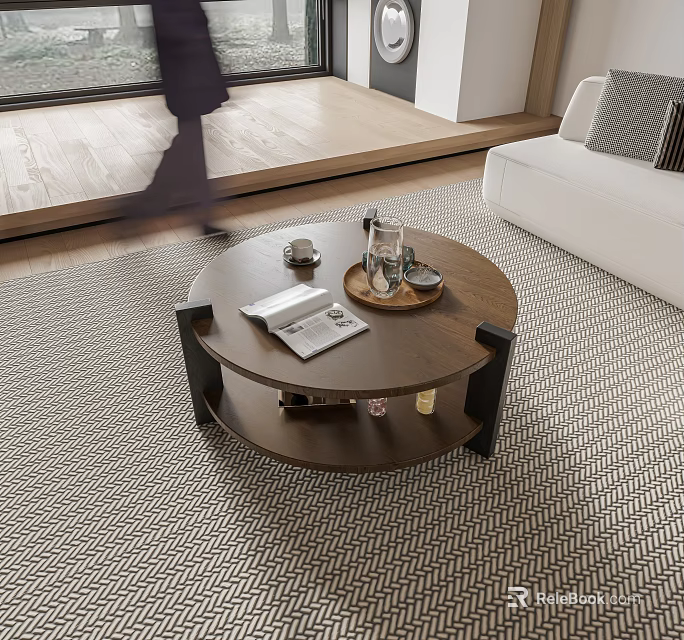 Modern Round Wooden Coffee Table in Living Room With Magazine Cup And Tray On Top 3d model 