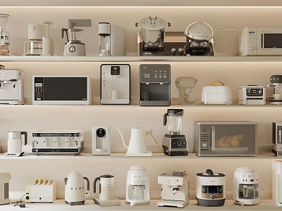 Various Stylish Kitchen Appliances Neatly Arranged On White Shelves 3d model