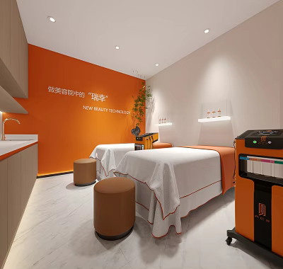 Cozy SPA Room With Orange Wall And Treatment Beds 3d model