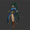 Detailed 3D Game Character With Green Hair In Blue Traditional Outfit Standing Pose