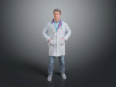 A Man Wearing White Lab Coat With Stethoscope ID Badge Jeans And Gray Shoes 3d model