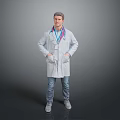 A Man Wearing White Lab Coat With Stethoscope ID Badge Jeans And Gray Shoes