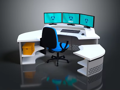 White Curved Desk With Three Monitor Screens Black And Blue Chair And Yellow File Cabinet 3d model