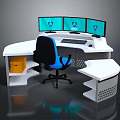 White Curved Desk With Three Monitor Screens Black And Blue Chair And Yellow File Cabinet