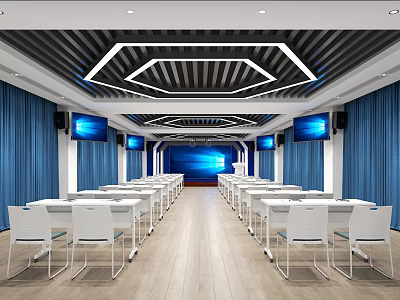School Modern Classroom Design With White Tables Chairs Blue Curtains And Screens 3d model