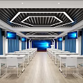 School Modern Classroom Design With White Tables Chairs Blue Curtains And Screens