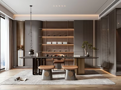 Modern Tea Room Interior With Long Table Stools And Shelves 3d model