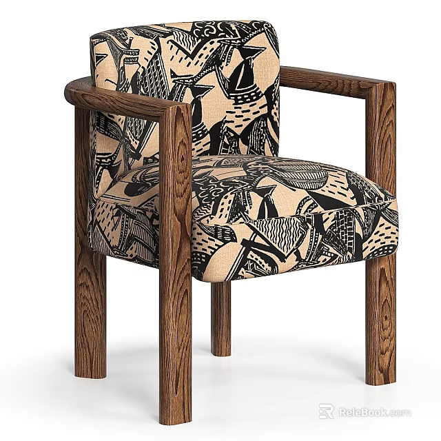 Stylish Leisure Chair with Wooden Frame and Abstract Black White Fabric Upholstery 3d model 
