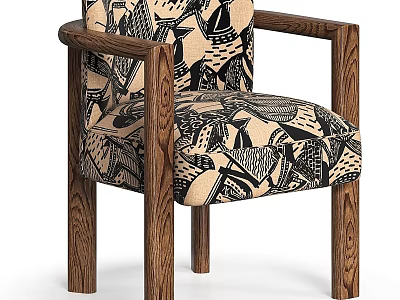 Stylish Leisure Chair with Wooden Frame and Abstract Black White Fabric Upholstery 3d model