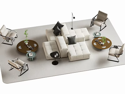 Modern White Upholstered Sofa and Round Coffee Table Set with Armchairs and Green Plants 3d model
