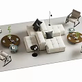 Modern White Upholstered Sofa and Round Coffee Table Set with Armchairs and Green Plants