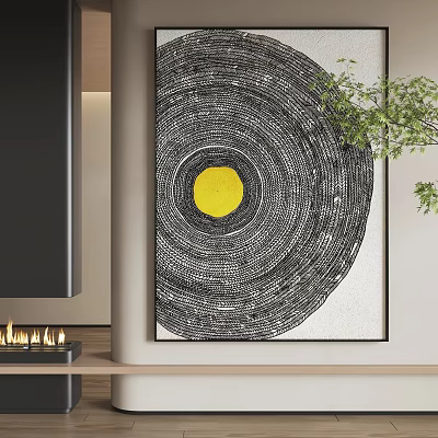 Abstract Painting Circular Design With Yellow Central Circle Black Textures In Interior With Green Plant 3d model
