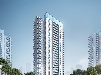 Modern Tall Apartment Building Exterior Design With Glass Facade Balconies And Trees Against Blue Sky 3d model