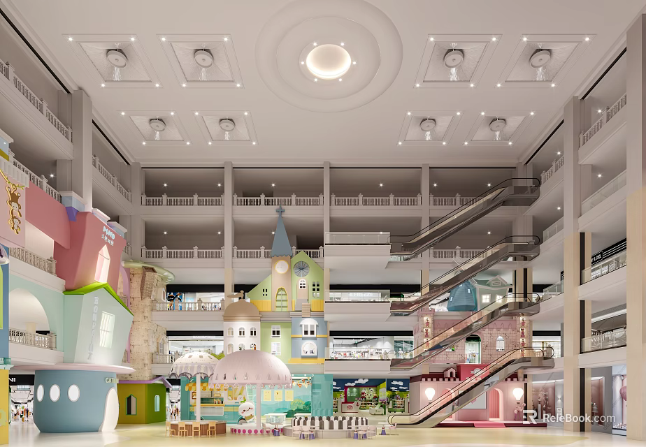 Vibrant Shopping Mall Atrium with Colorful Building Structures Escalators and Ceiling Lights 3d model