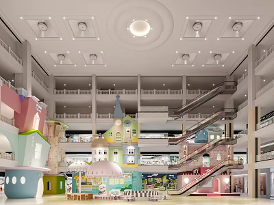 Vibrant Shopping Mall Atrium with Colorful Building Structures Escalators and Ceiling Lights 3d model