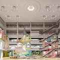 Vibrant Shopping Mall Atrium with Colorful Building Structures Escalators and Ceiling Lights 3d model