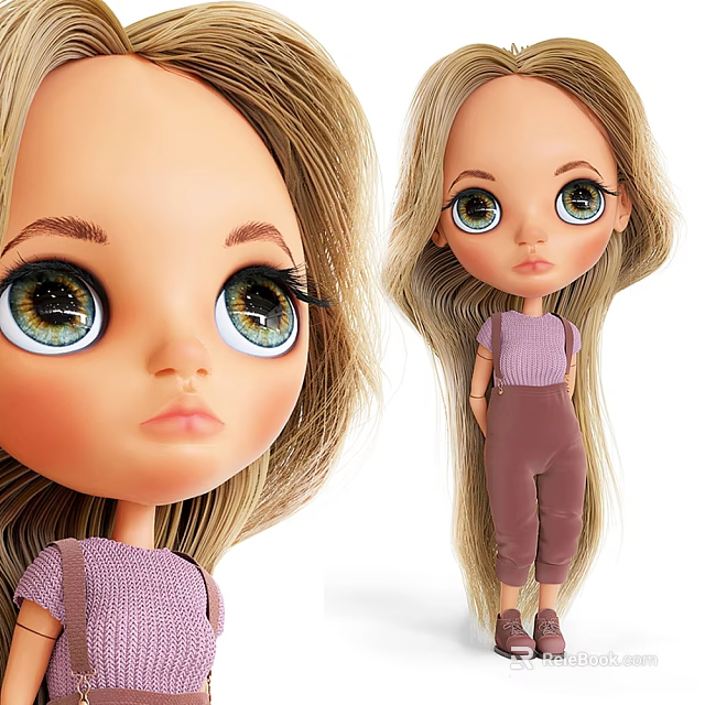Cartoon Doll With Long Blonde Hair And Purple Outfit 3d model 