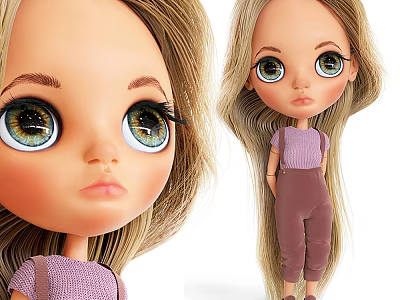 Cartoon Doll With Long Blonde Hair And Purple Outfit 3d model