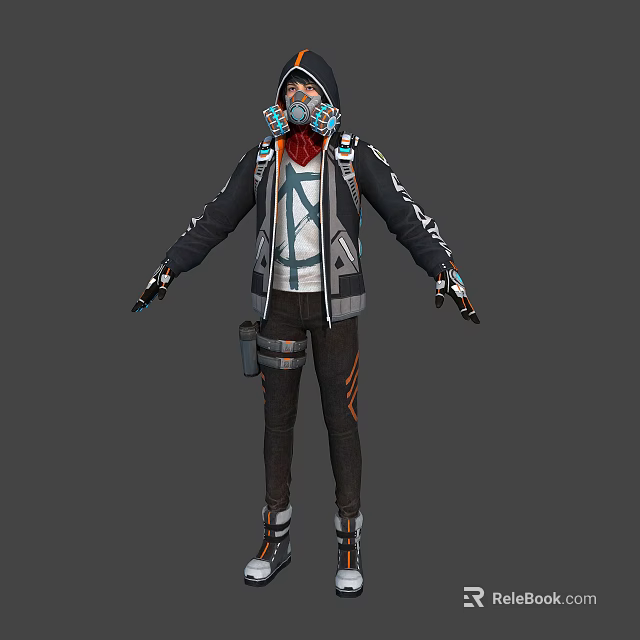 Man In Futuristic Tech Inspired Outfit With Backpack Breathing Mask And Mechanical Gloves 3d model 