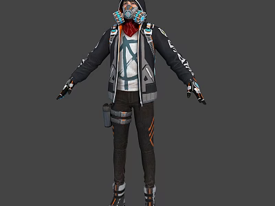 Man In Futuristic Tech Inspired Outfit With Backpack Breathing Mask And Mechanical Gloves 3d model