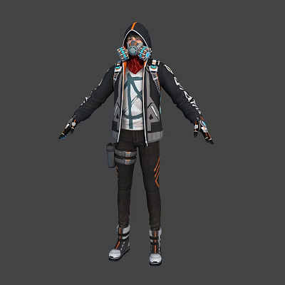 Man In Futuristic Tech Inspired Outfit With Backpack Breathing Mask And Mechanical Gloves 3d model