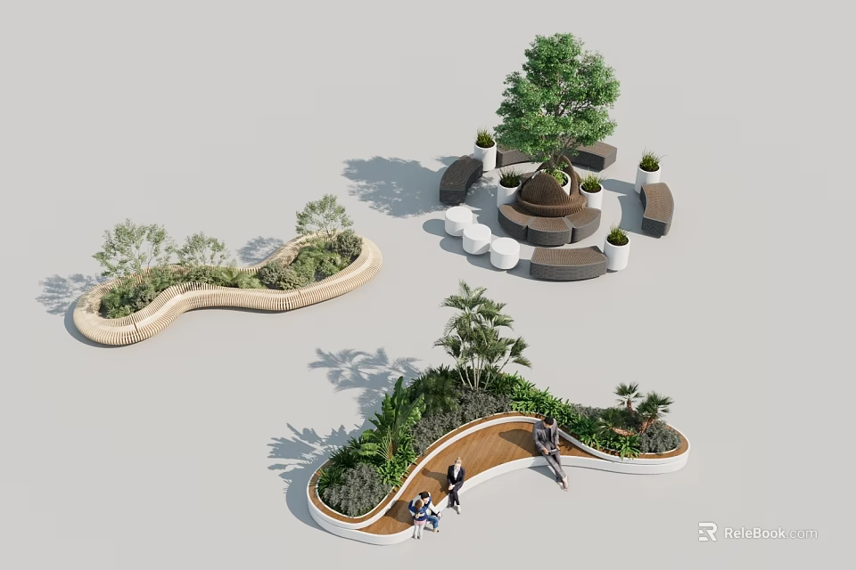 Scenic Park Landscape With Curved Walkway Green Plant Beds Large Tree And Seating Areas 3d model 