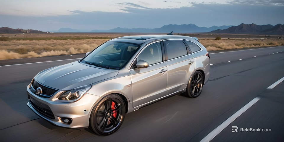 Silver Wagon Driving on Open Road with Black Wheels Red Brake Calipers and Mountain Scenery 3d model 