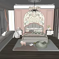 Cozy Kids Room With Pink Walls Arched Floral Accent Wall Chandelier Window Seat And Stuffed Toys