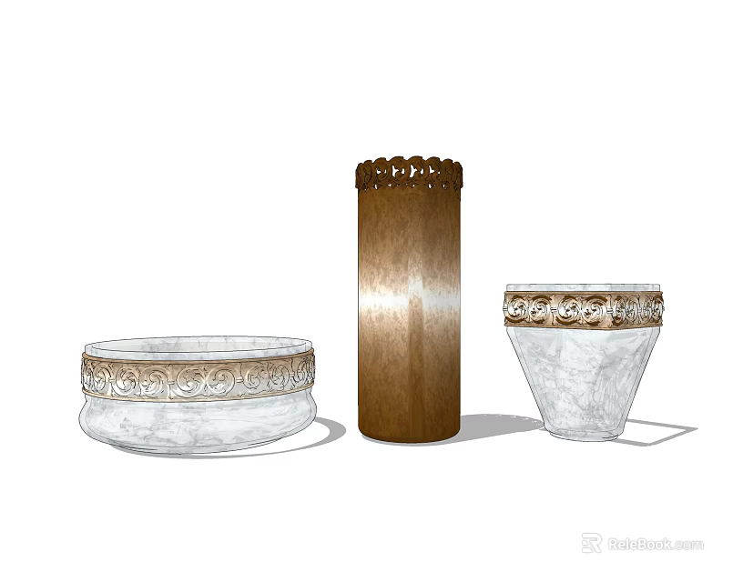 Decorative Ceramic Vessels With Ornate Rims Intricate Patterns And Various Shapes 3d model 